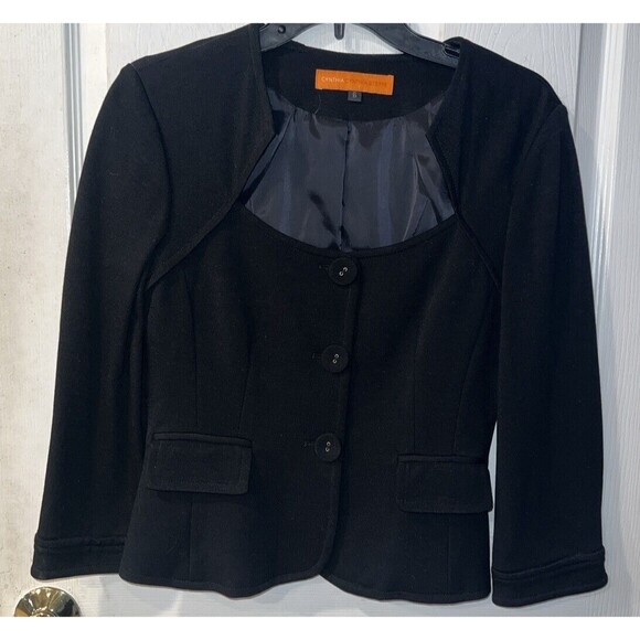 Cynthia Steffe Blazer Sz 6 Cropped Black Sweetheart Neck Button Front stretch - Picture 1 of 8